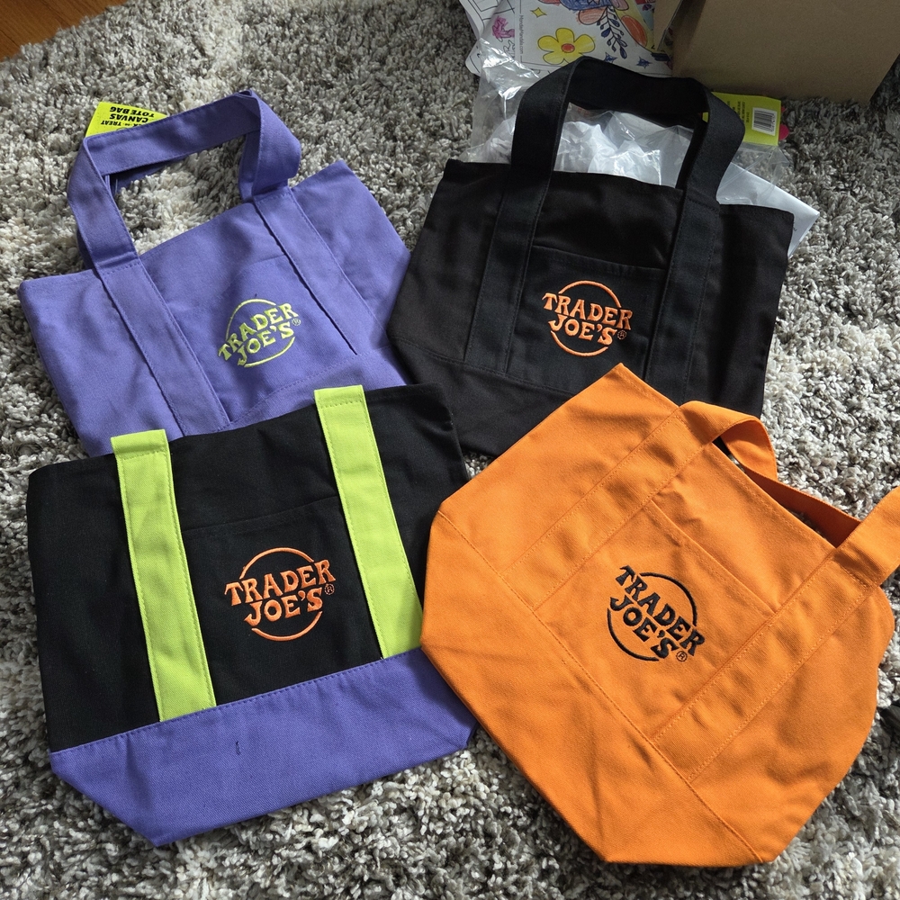 Trader Joe's Black, Purple, and Orange Tote Bag Set